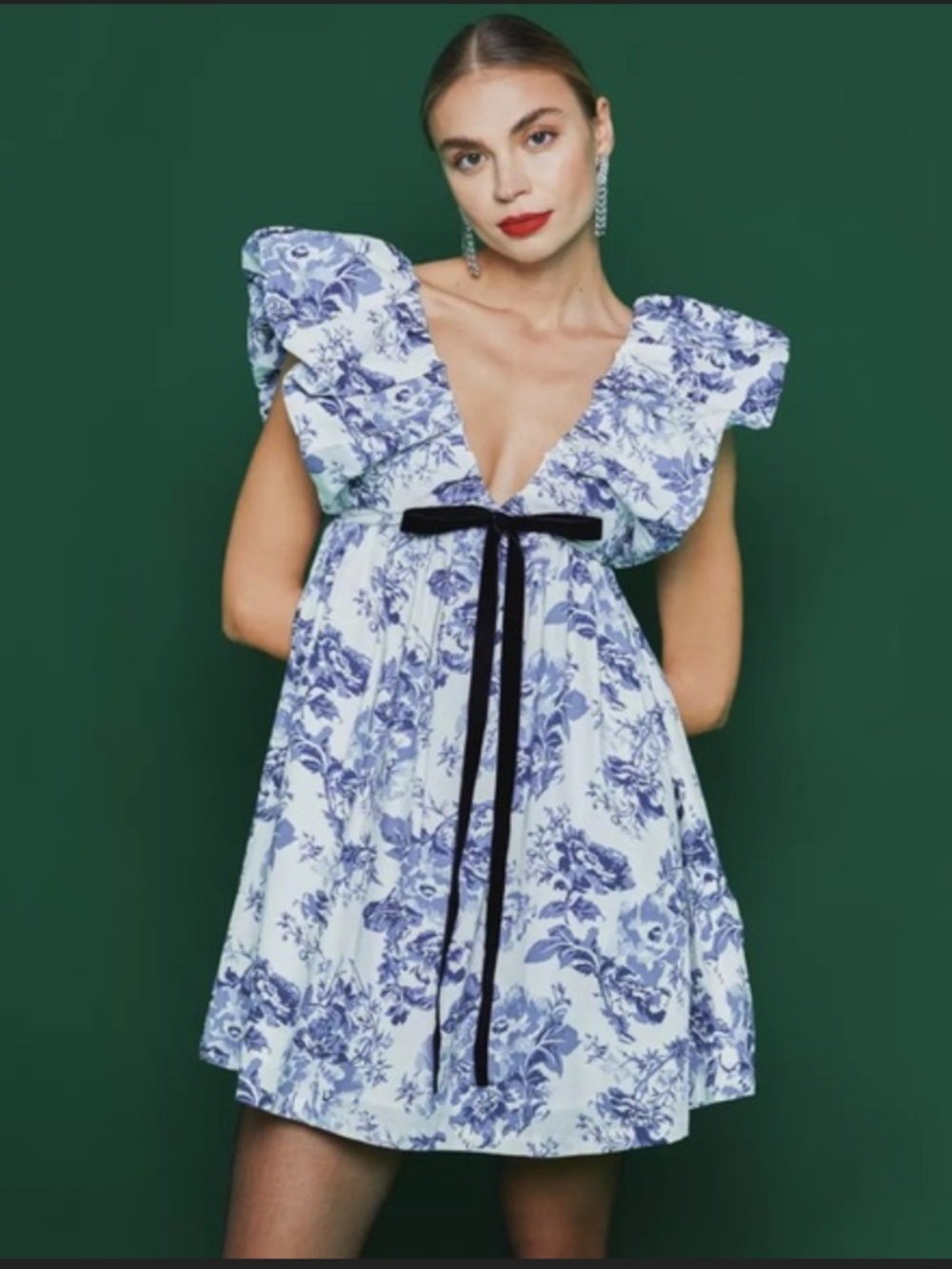 Blue Floral Ruffle Mini Dress with Velvet Tie NWT M